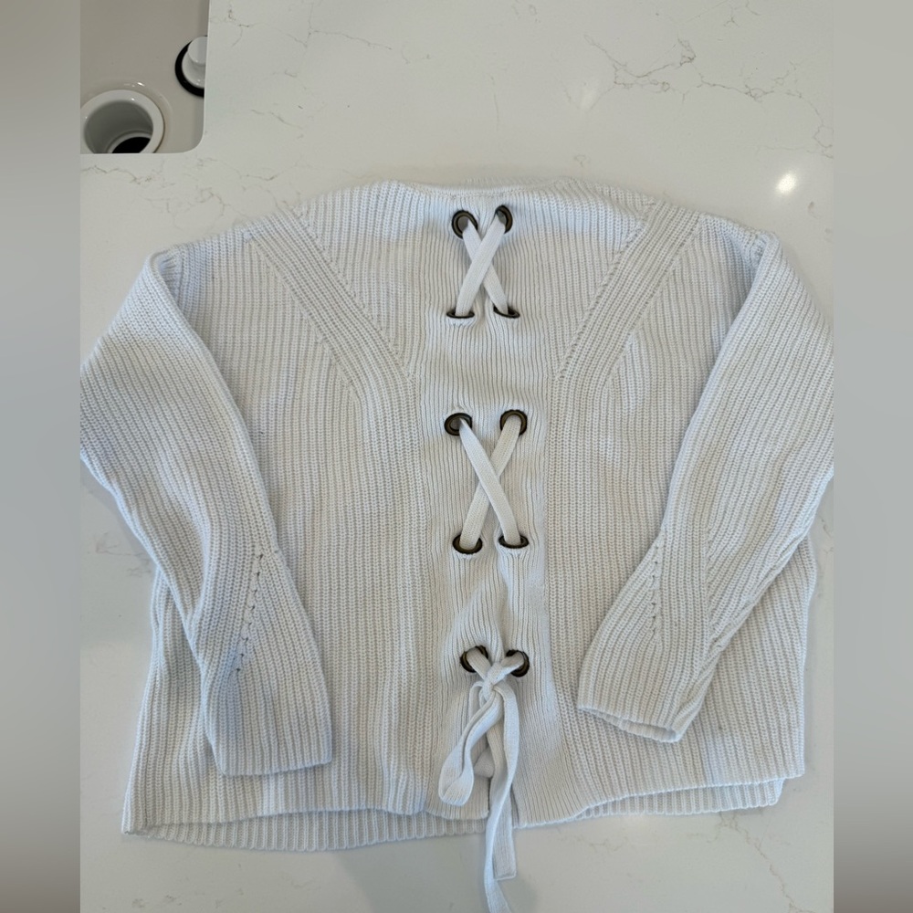 Lucky Brand off white Lace-Up Back Ribbed Sweater
